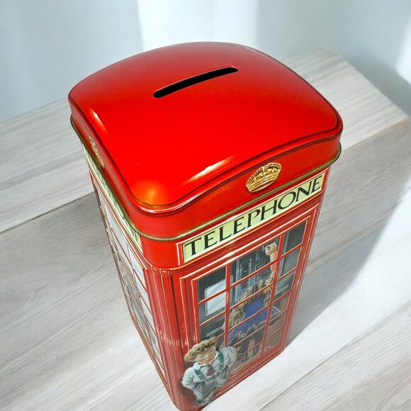 Vintage Tin Coin Bank England Telephone Booth Red Churchill's Jelly Beans - Picture 2 of 7